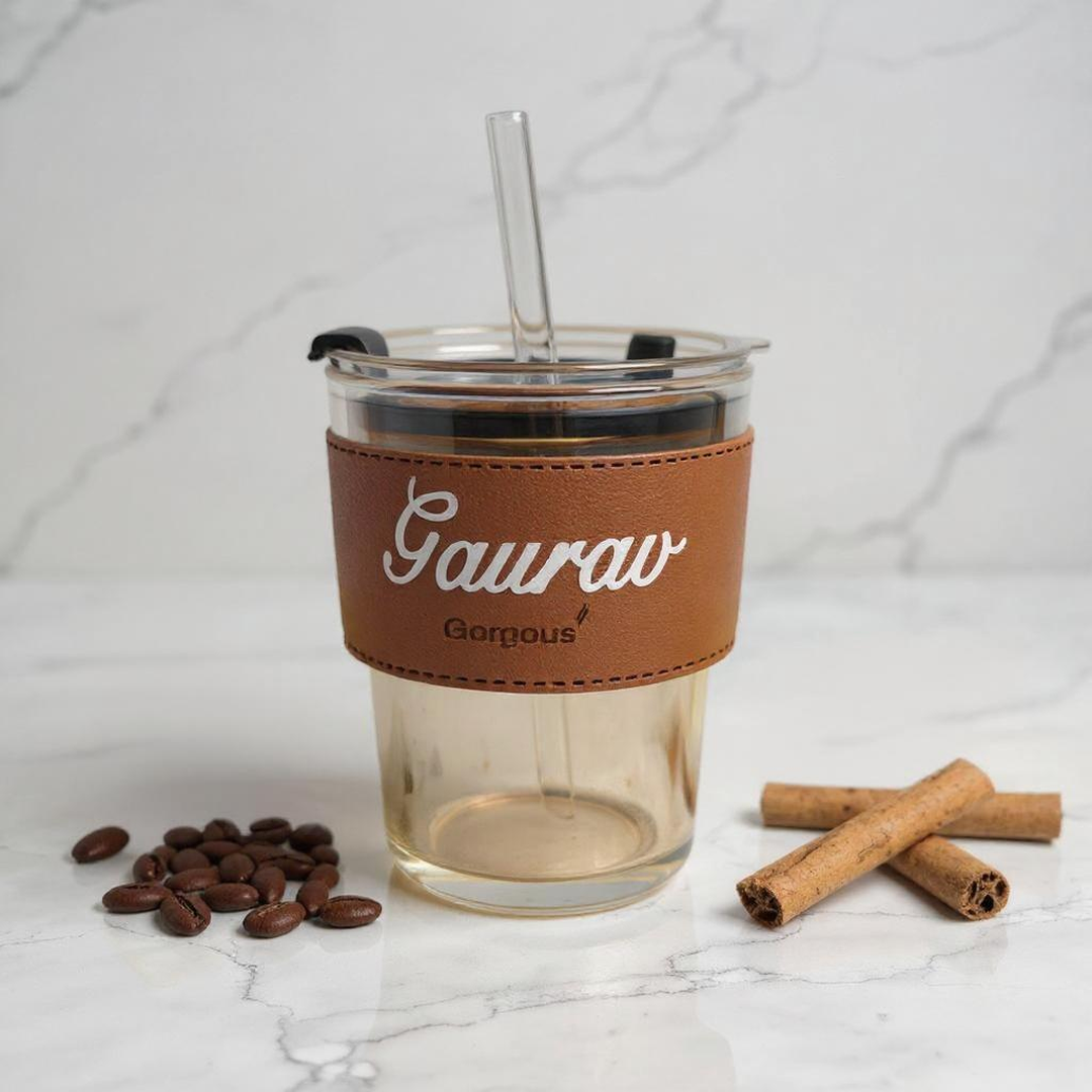 Personalized Glass Tumbler with a Protective Leather Sleeve and Straw