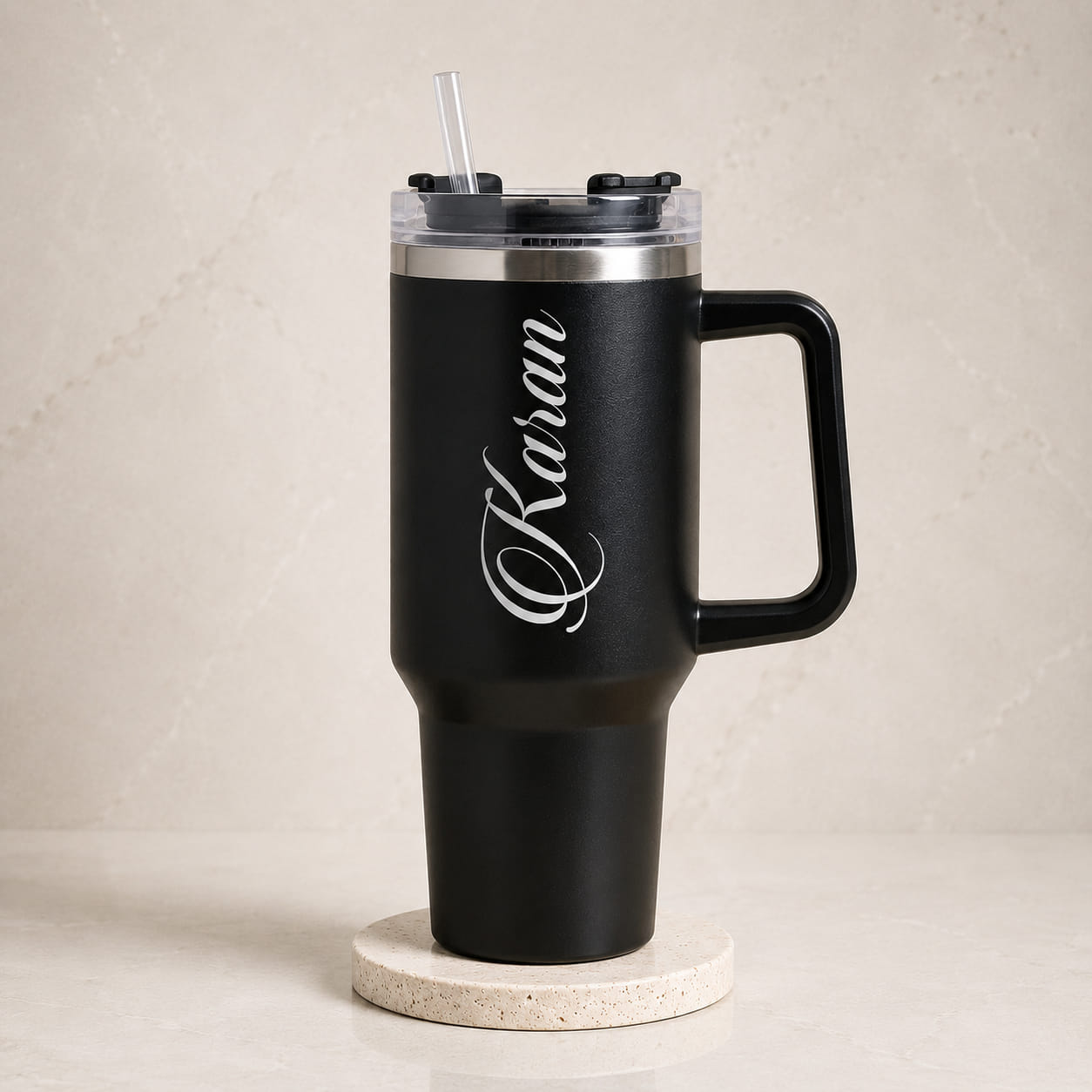 Personalised Tumbler with Handle & Straw – Custom Name