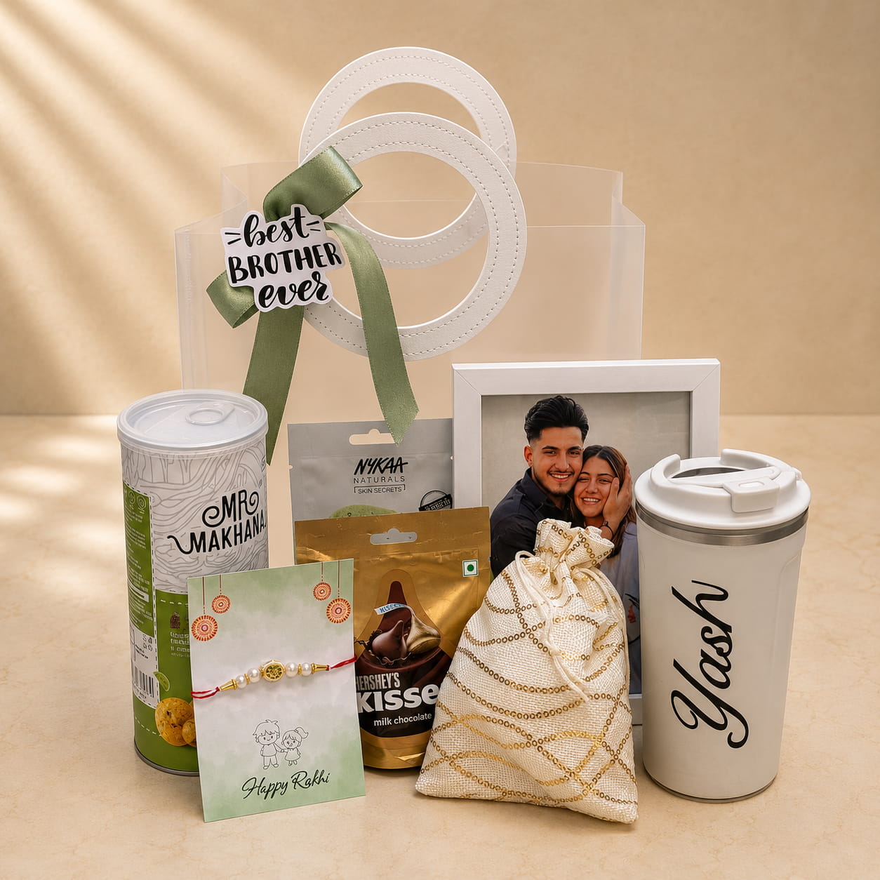 Personalized Bond Rakhi Gift Hamper for Brother with Custom Tumbler, Photo Frame, Dry Fruits, Chocolate and Designer Rakhi