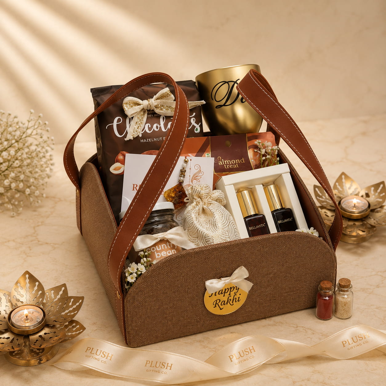 Personalized Brother Rakhi Gift Hamper with Wine Glass, Bella Vita Perfume Set, Country Bean Coffee, Chocolates and Premium Jute Basket