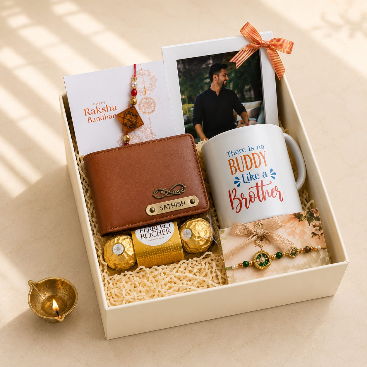 Personalized Classic Rakhi gift hamper with custom men's wallet, personalized photo frame, coffee mug, Ferrero Rocher chocolates and premium resin Rakhi in a printed gift box.
