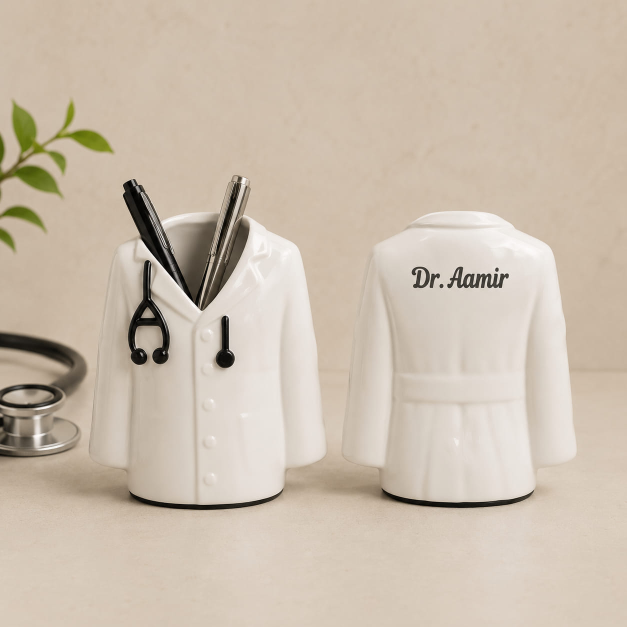 Personalized doctor coat pen stand with custom name for desk organization.