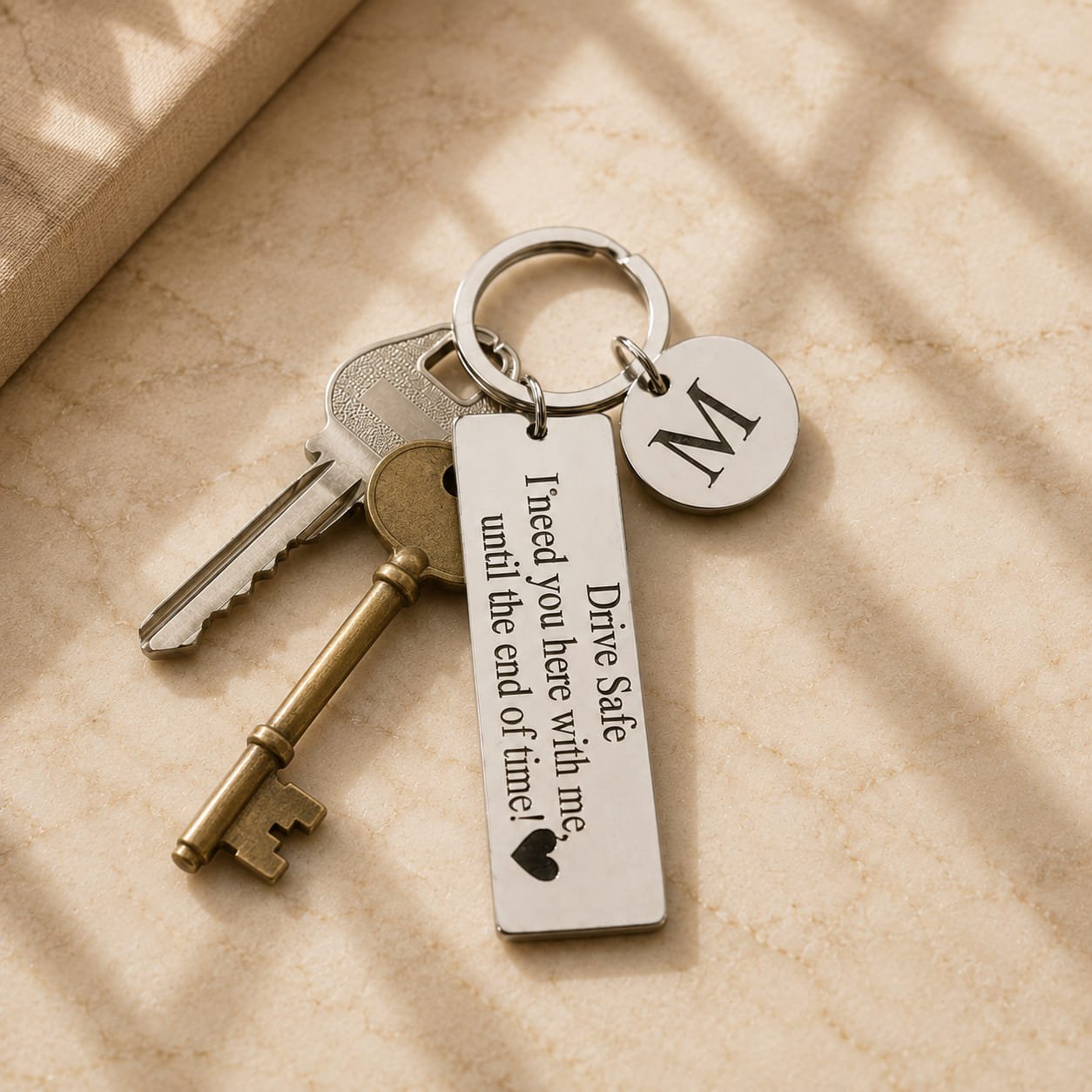 Personalized stainless steel Drive Safe keychain with engraved message and custom initial charm