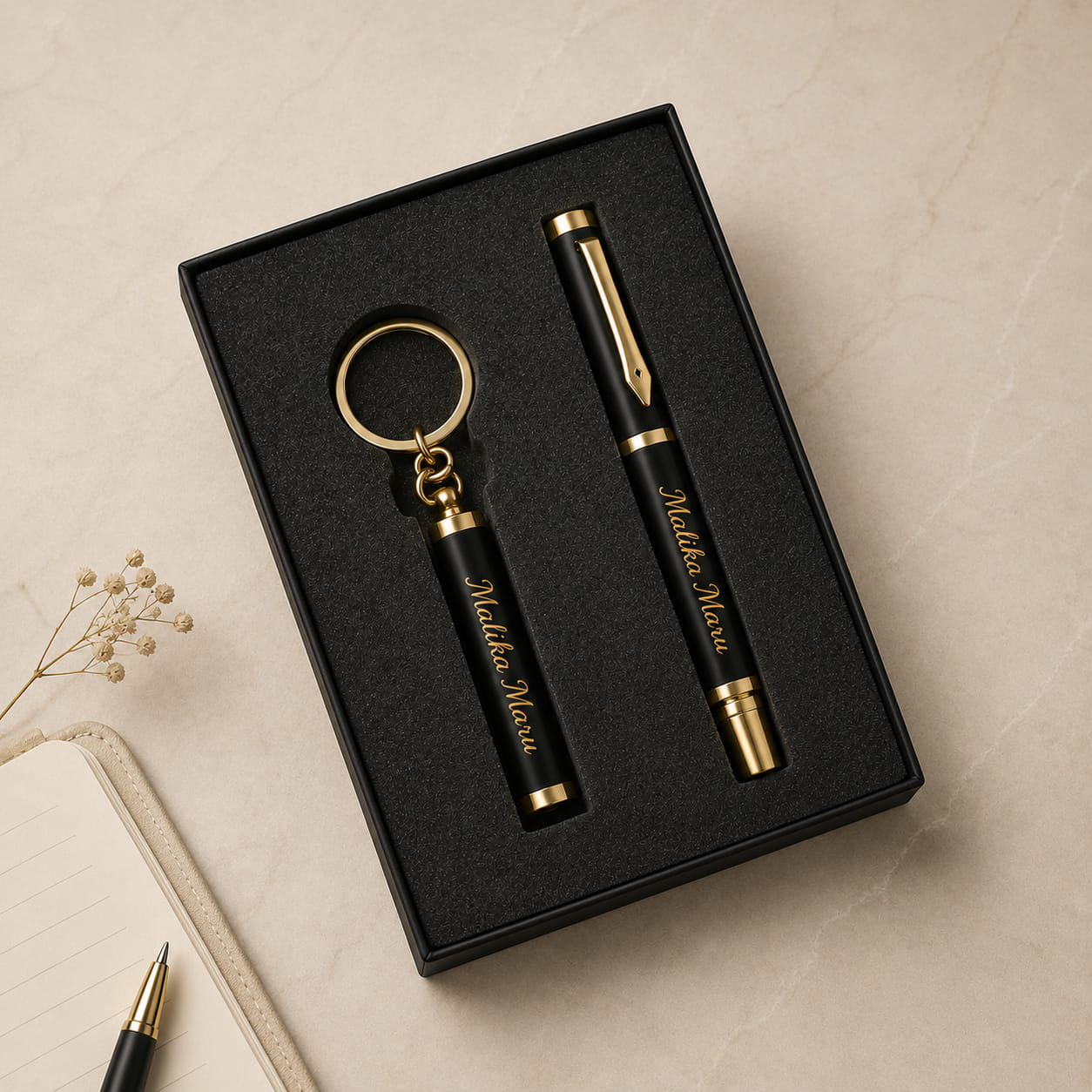 Personalized executive pen and keychain gift set with custom name engraving in a premium black gift box.
