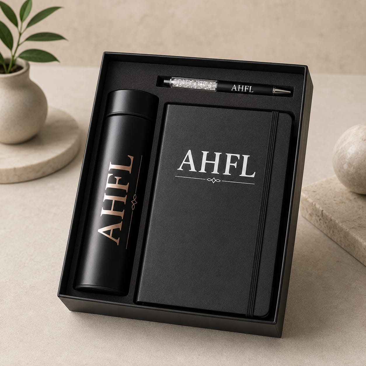 Personalized gift set with LED temperature bottle, elastic notebook diary, and crystal pen in a premium black gift box.