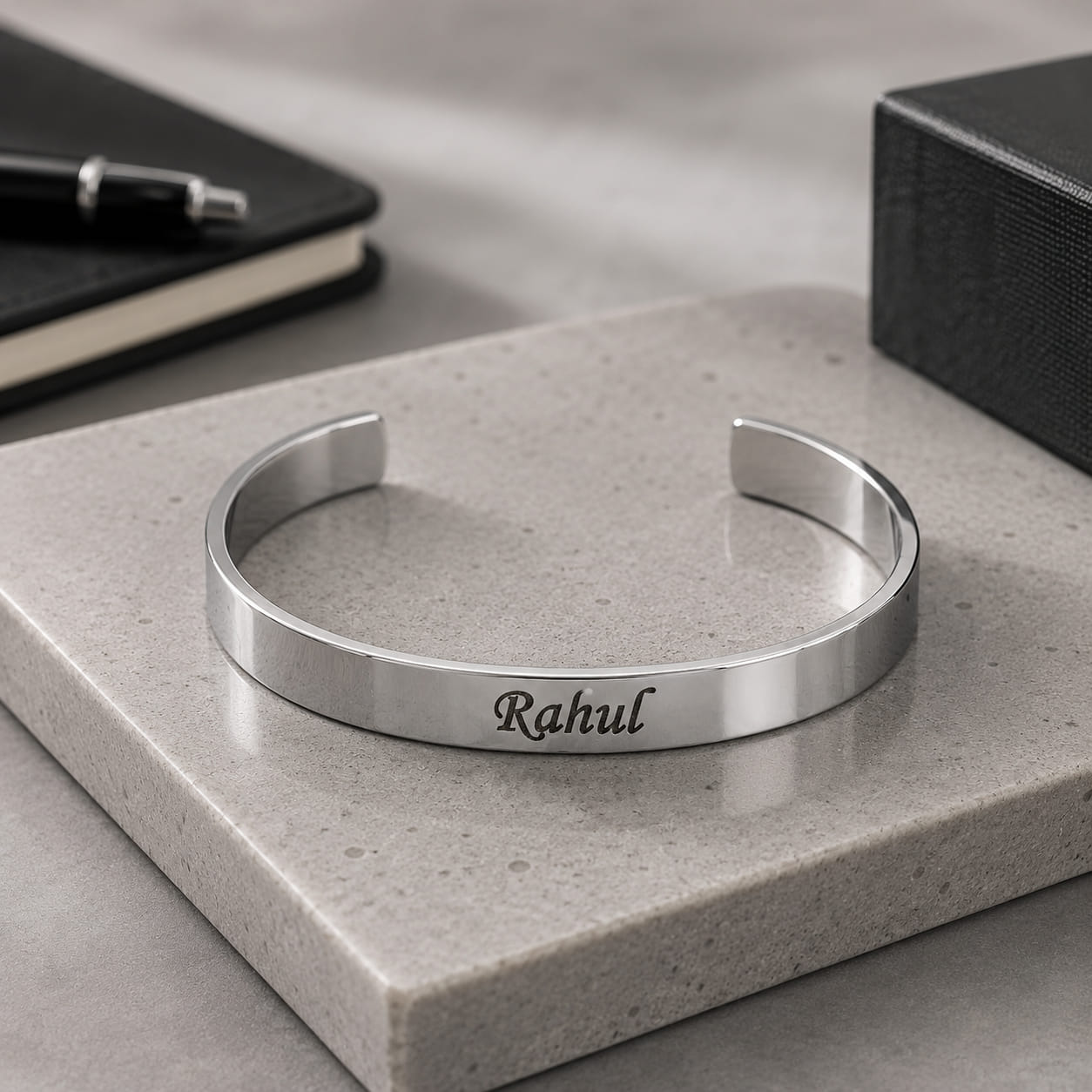 Silver Steel stainless steel half kada bracelet with custom name engraving and adjustable open-cuff design.