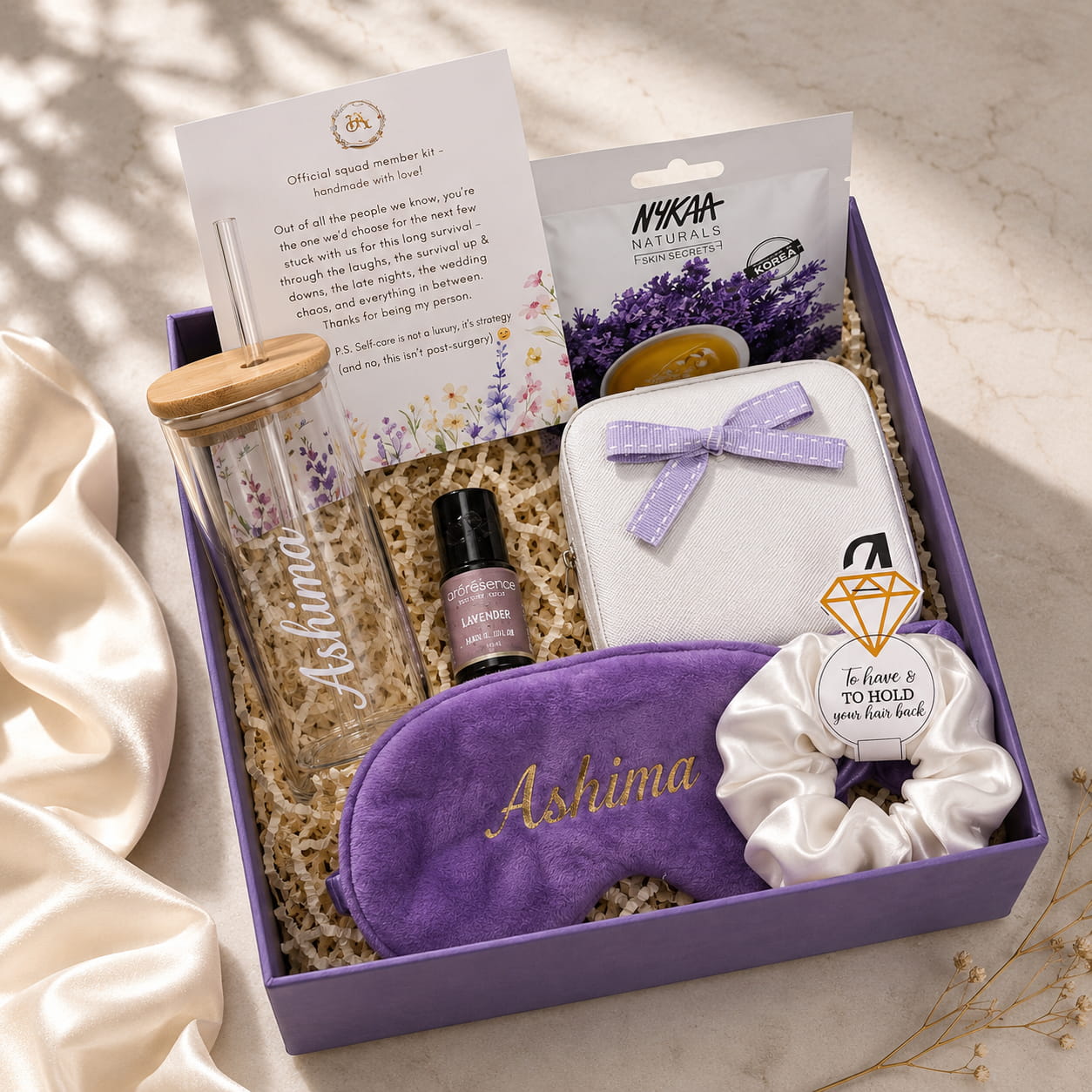 Relax and unwind with our Personalized Lavender Bliss Gift Hamper featuring personalized keepsakes and wellness essentials. Perfect for birthdays, bridesmaids and special gifting.