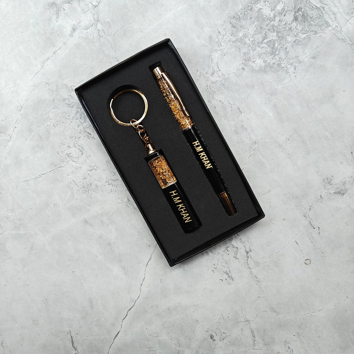 Personalized Pen and Keychain Set in Black and Golden Flake - Plush Gifting Co.