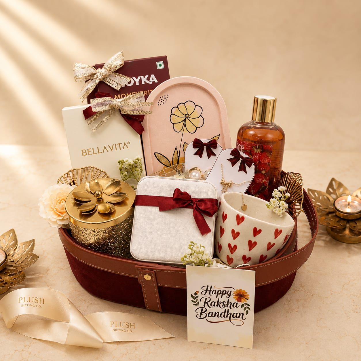 Personalized Sister Rakhi Gift Hamper with Ceramic Mug, Jewellery Organizer, Bella Vita Perfume Set, Dry Fruit Jar & Premium Suede Basket