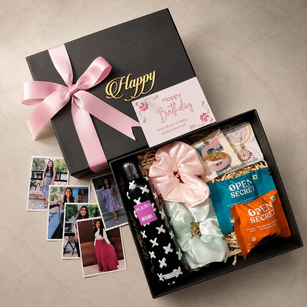 Birthday gift hamper for her with personalized gifts, scrunchies, body mist, cookies, photos and premium gift box.