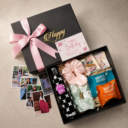 Birthday gift hamper for her with personalized gifts, scrunchies, body mist, cookies, photos and premium gift box.