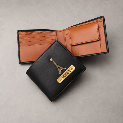 Personalized dual tone men's wallet with custom name plate, card slots and coin pocket
