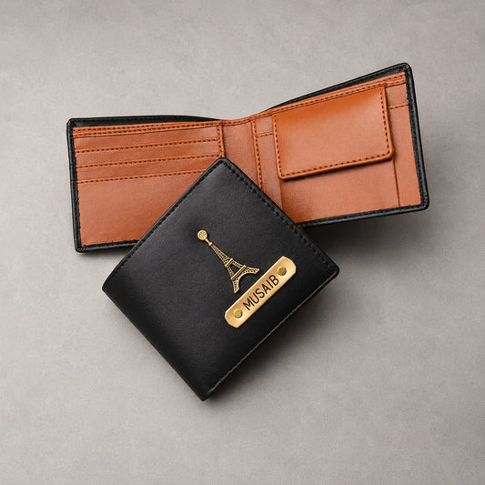 Personalized dual tone men's wallet with custom name plate, card slots and coin pocket