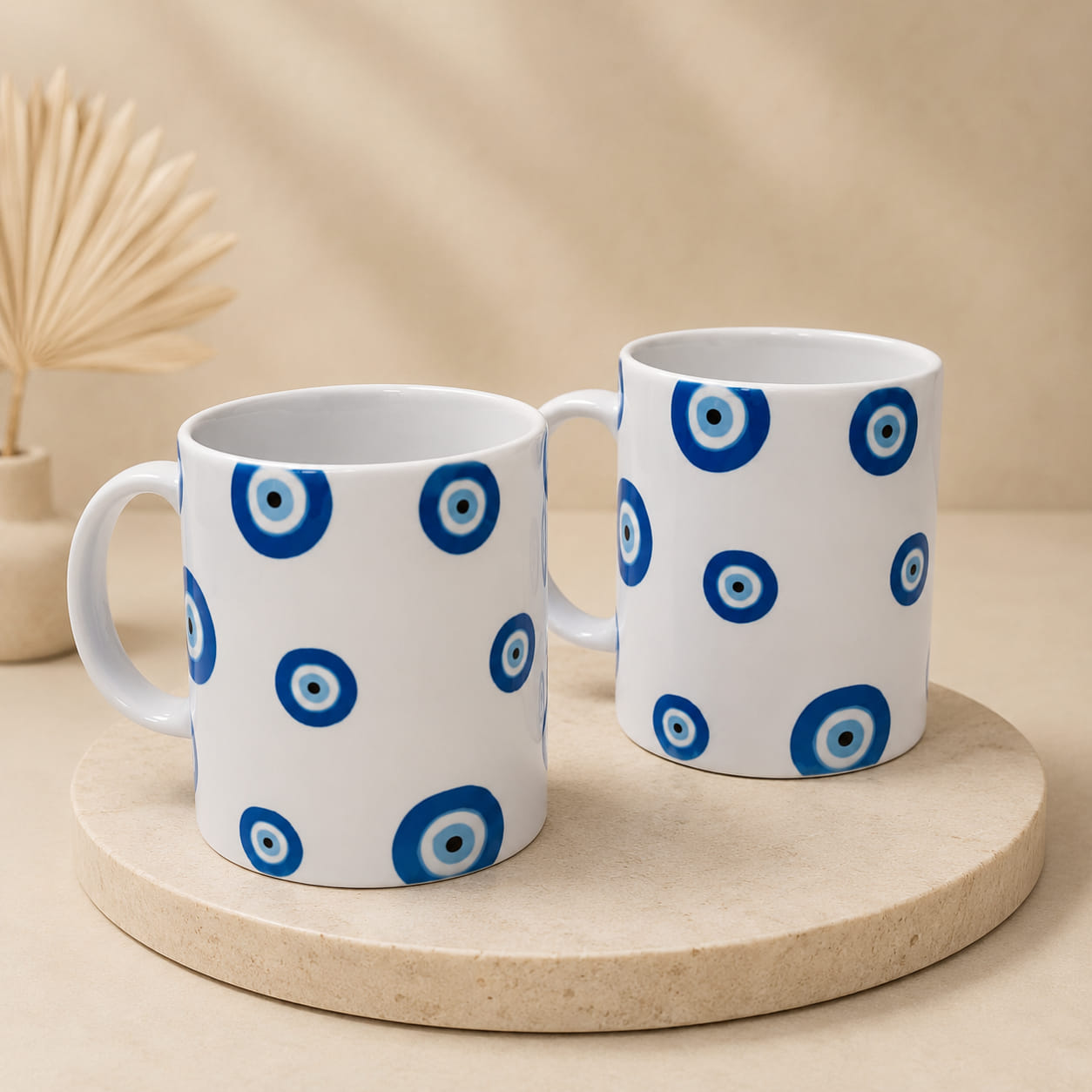 Personalized Evil Eye ceramic mug with blue evil eye pattern for tea and coffee.