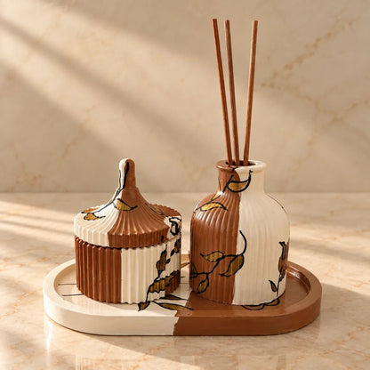 Hand-painted ceramic reed diffuser with matching trinket jar and trinket tray