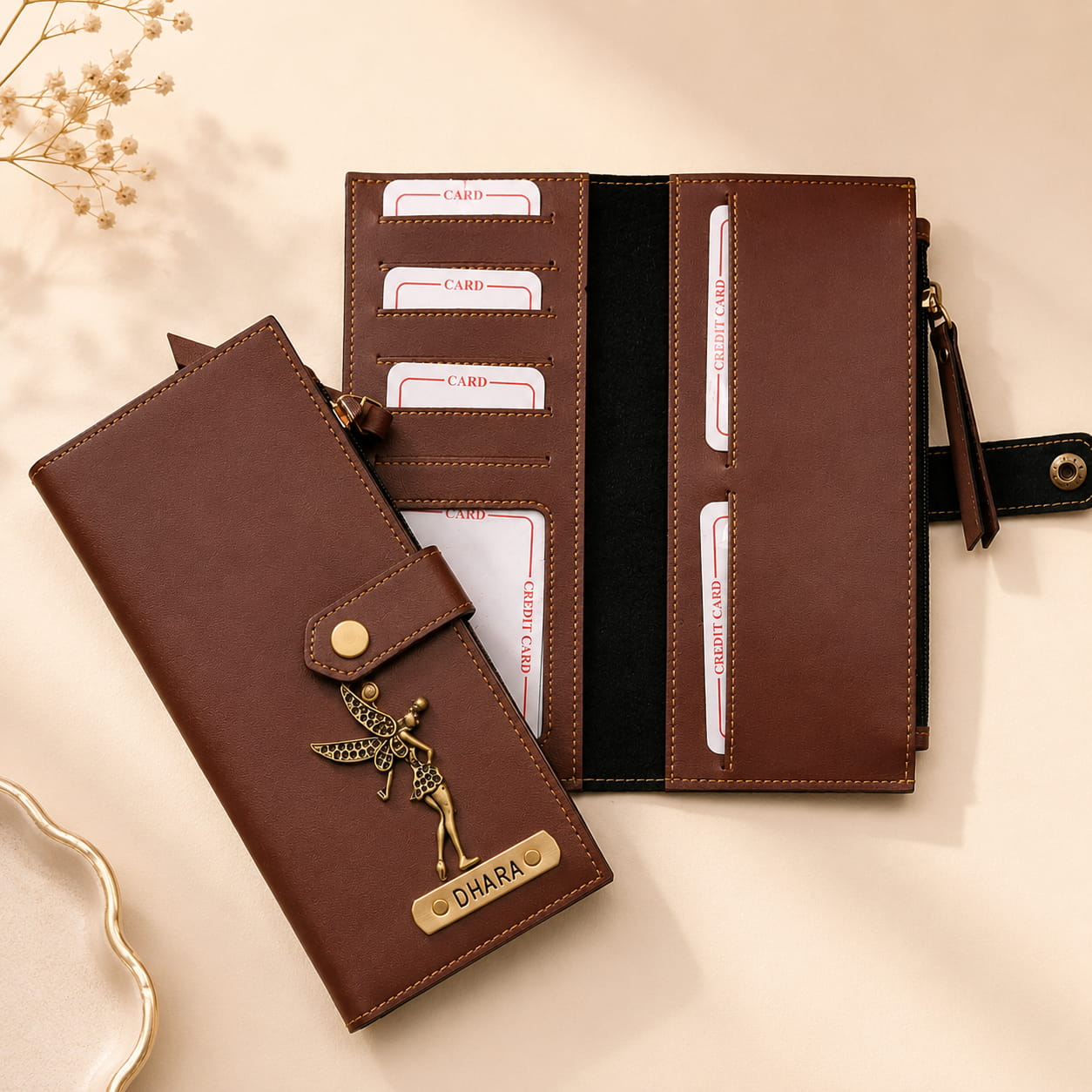 Inside view of personalized women's wallet showing card slots, cash compartments and zip pocket