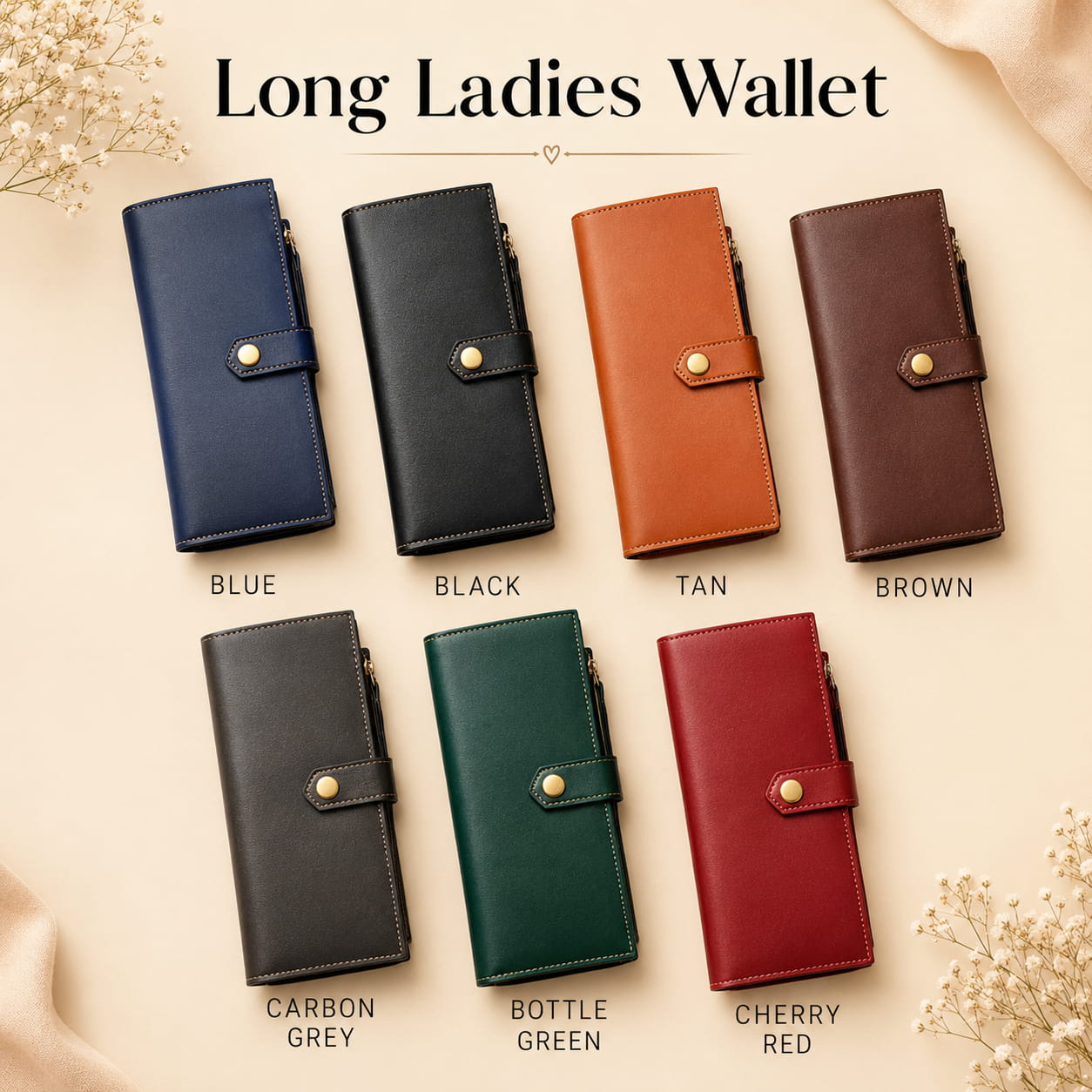 Personalized long women's wallet color options chart"