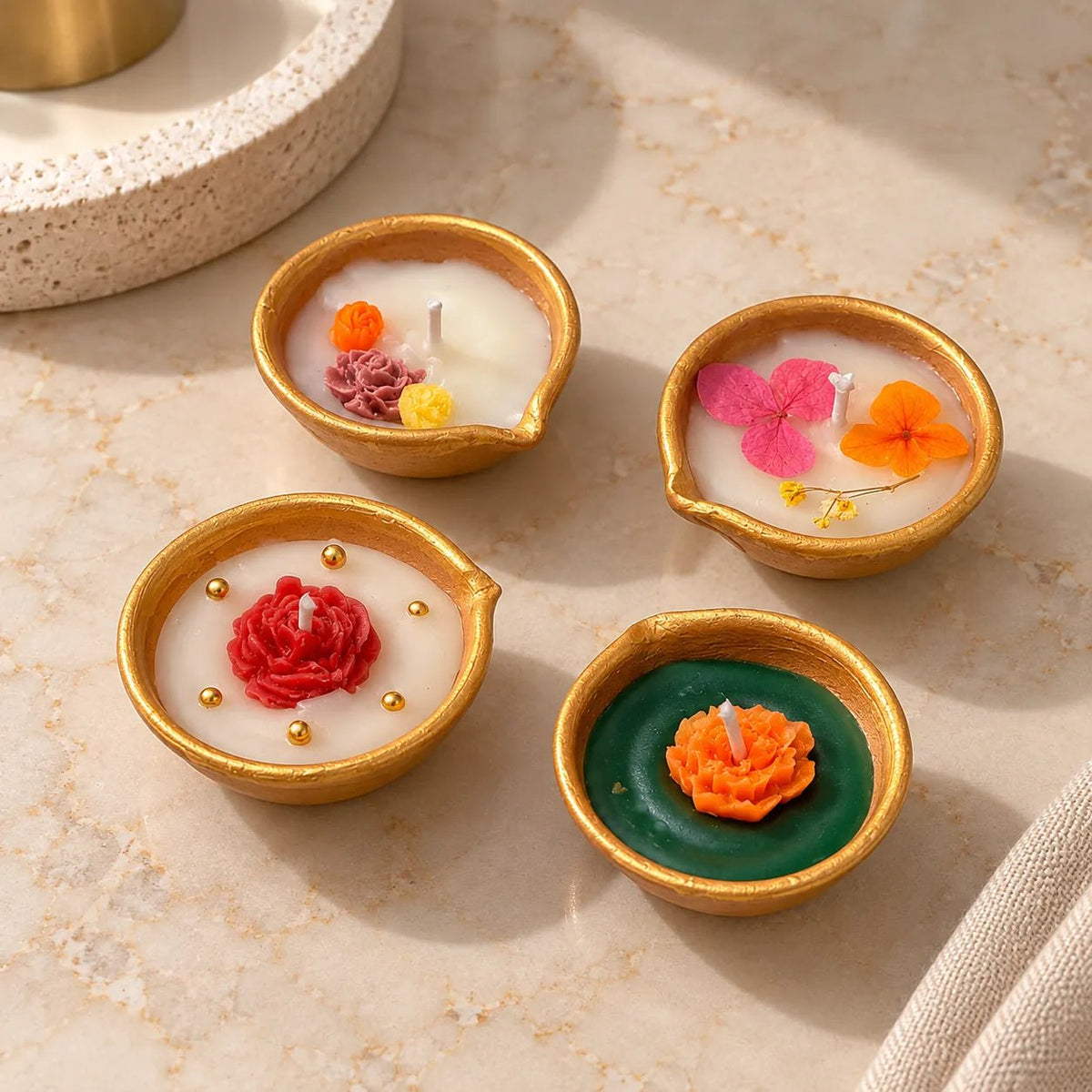 Mitti Diya Candle Set with colourful floral candles and golden diya detailing
