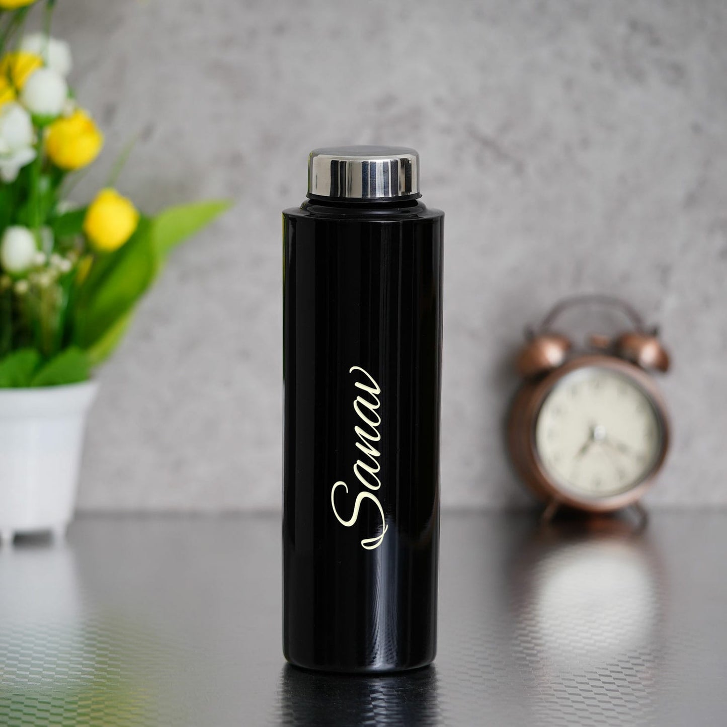 Black personalized stainless steel water bottle with custom name personalization
