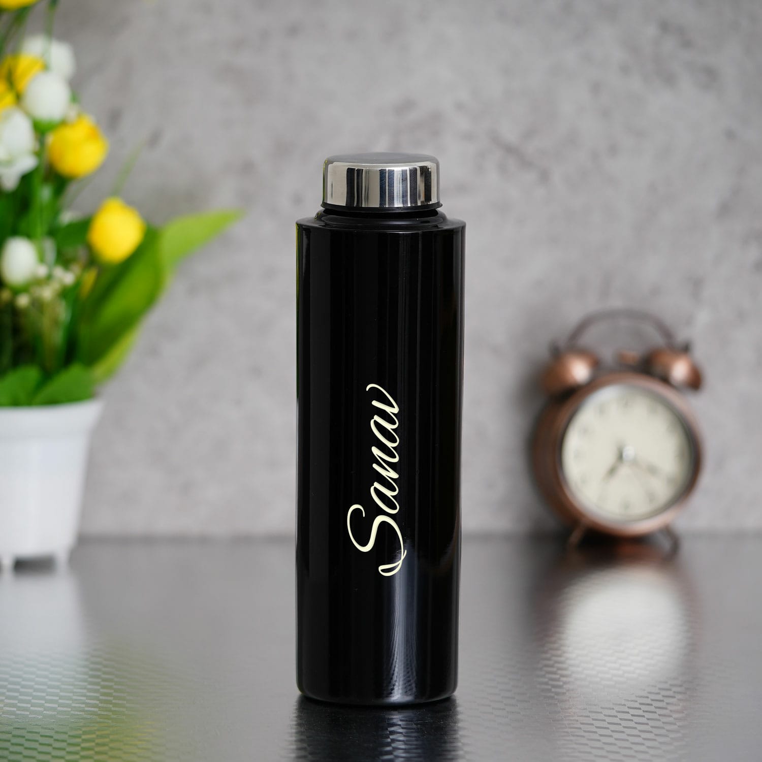 Black personalized stainless steel water bottle with custom name personalization