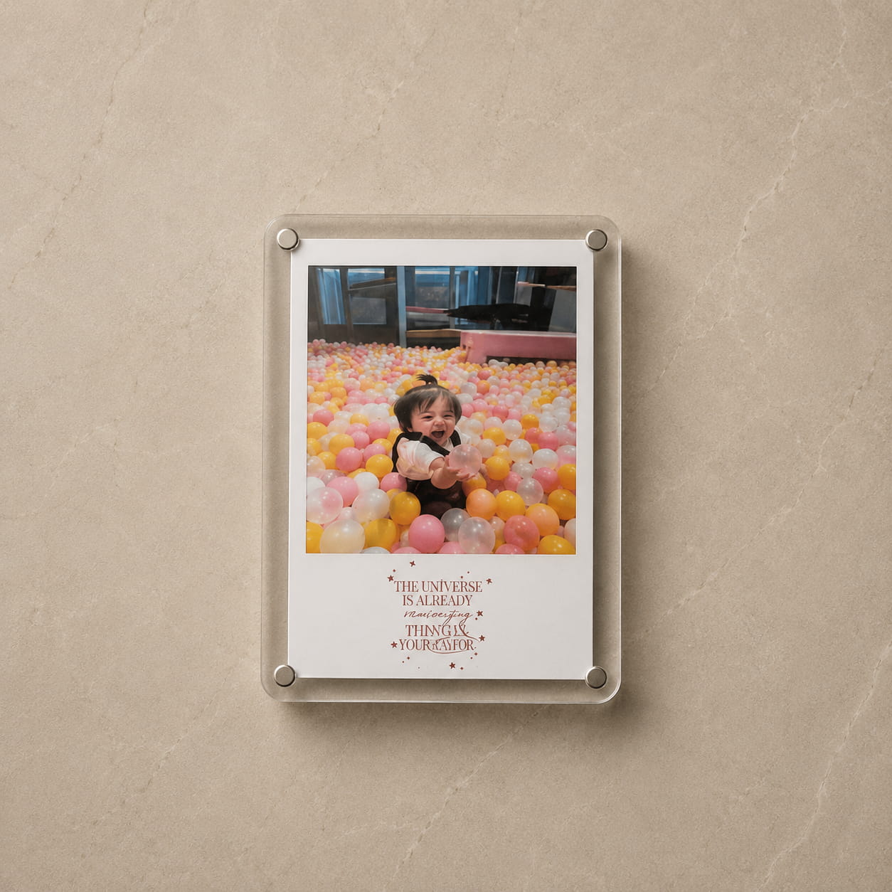 Personalized acrylic fridge magnet with custom photo and quote.