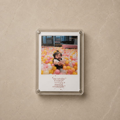Personalized acrylic fridge magnet with custom photo and quote.