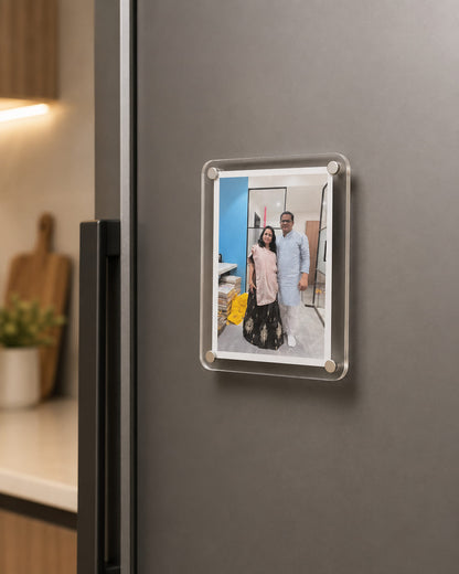 Personalized acrylic fridge magnet with custom photo and quote.