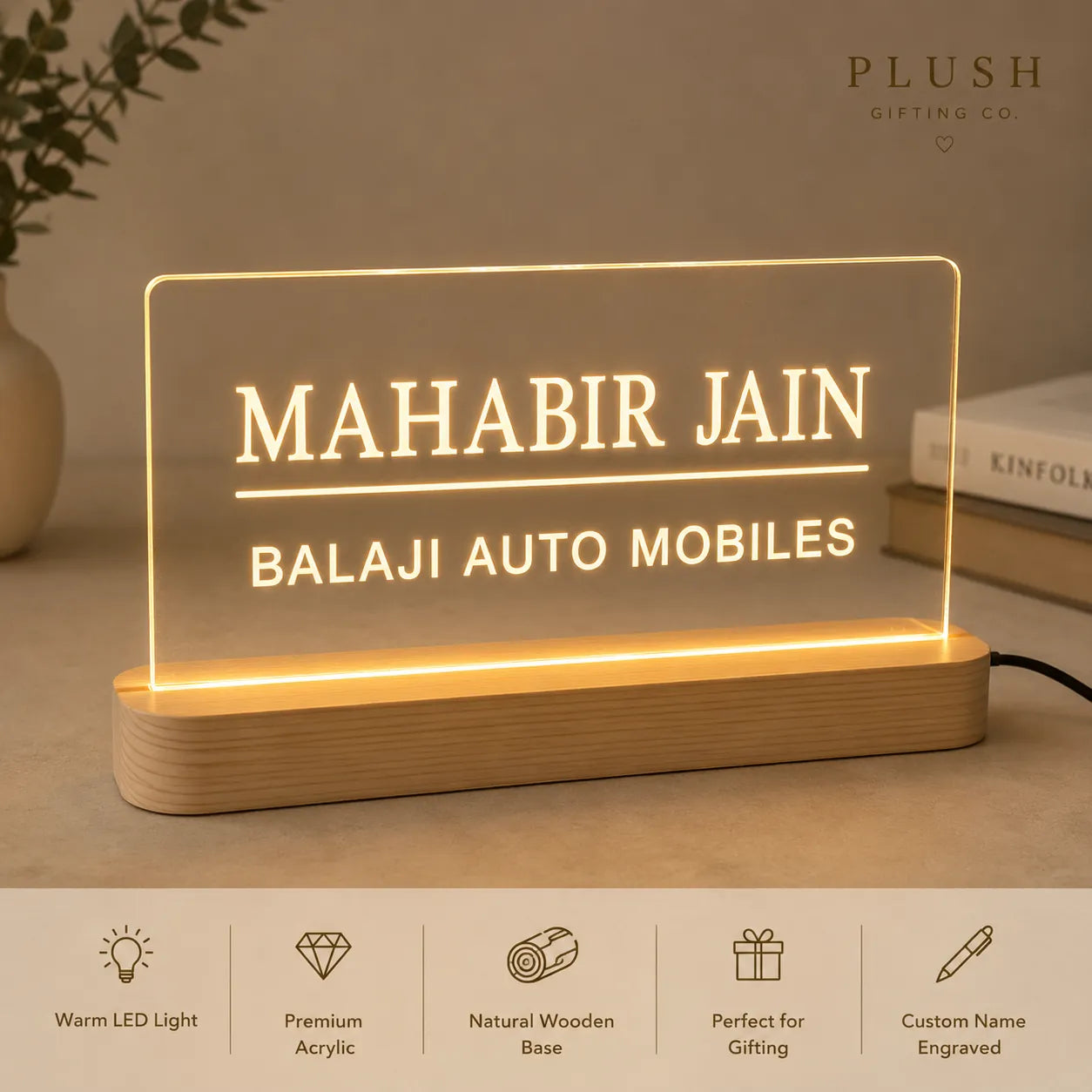 Personalized LED acrylic desk name plate with wooden base and custom engraved name for office
