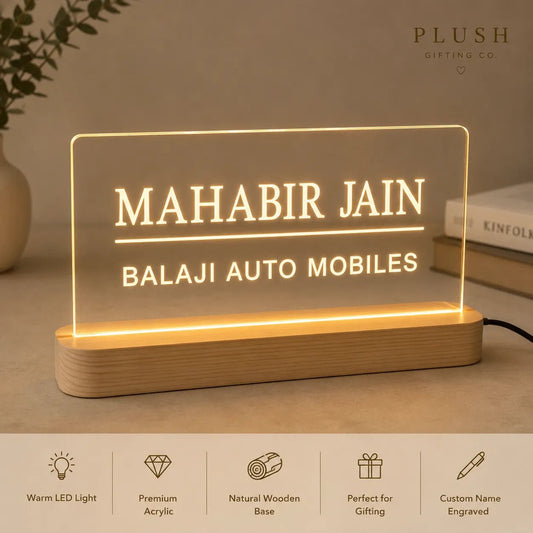 Personalized LED acrylic desk name plate with wooden base and custom engraved name for office