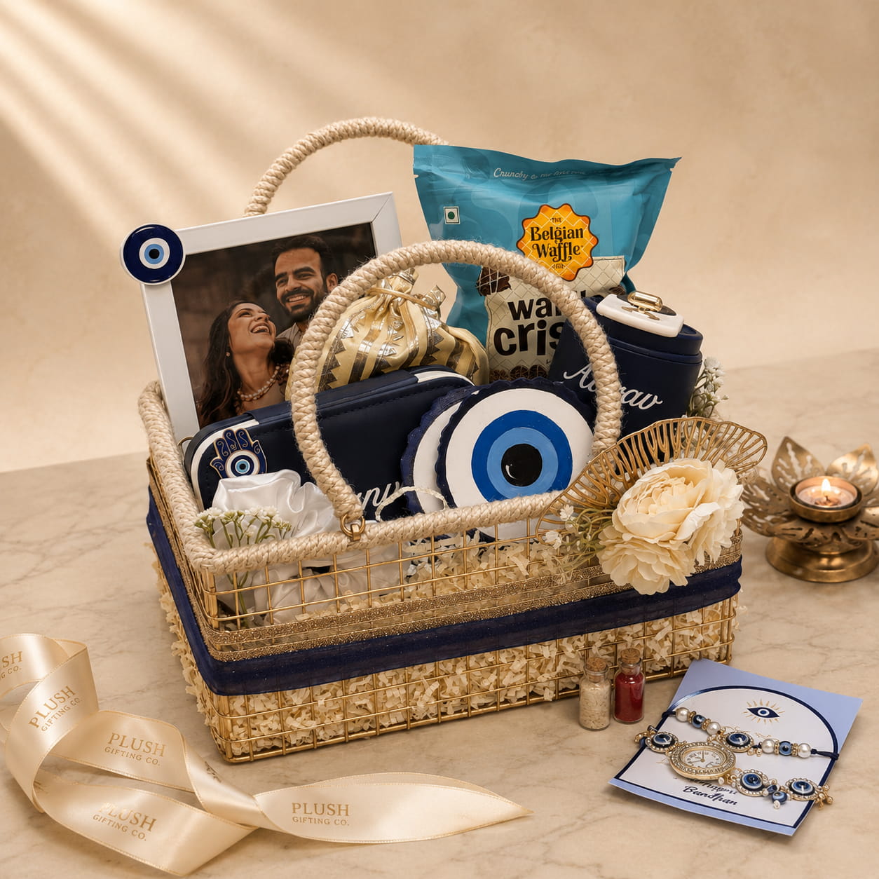 Personalized Bhai & Bhabhi Evil Eye Rakhi Gift Basket with Photo Frame, Coffee Tumbler, Jewellery Organizer, Evil Eye Accessories & Couple Rakhi