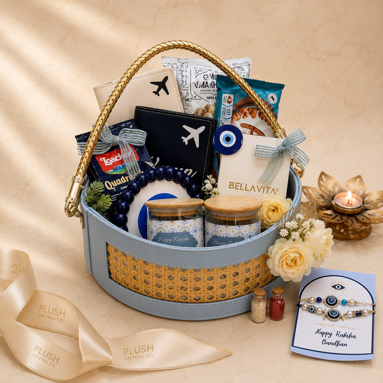 Personalized Bhai & Bhabhi Rakhi Gift Basket with Couple Passport Covers, Bella Vita Perfume Set, Dry Fruit Jars, Gourmet Treats & Premium Rakhi
