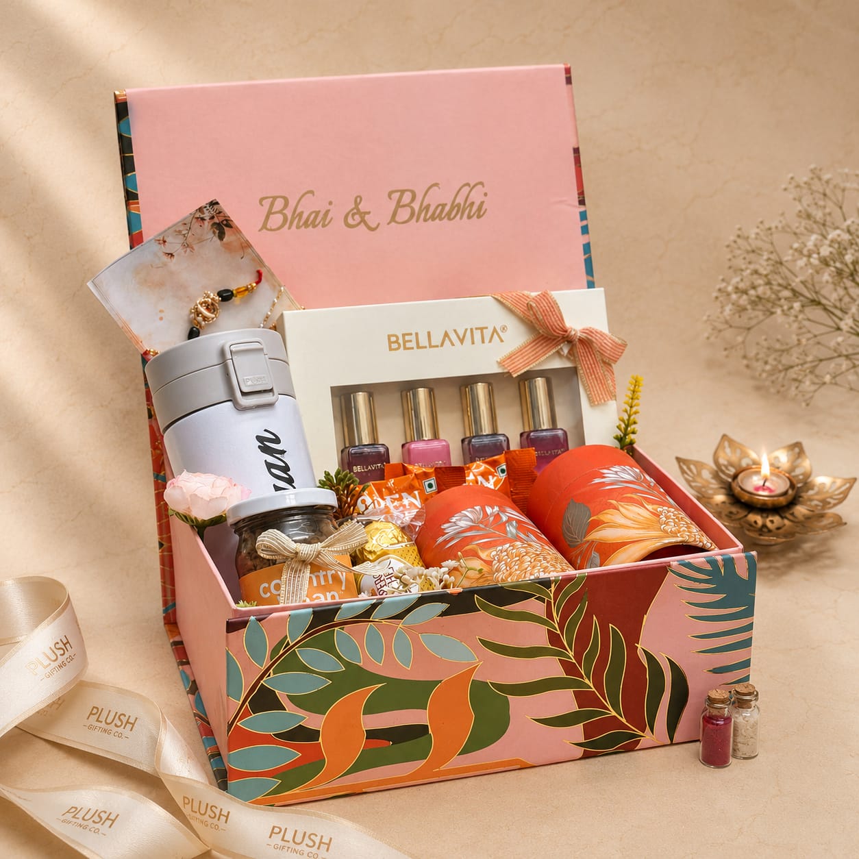 Personalized Bhai & Bhabhi Rakhi Gift Hamper with Tumbler, Bella Vita Perfume Set, Coffee, Chocolates, Rakhi & Festive Gift Box