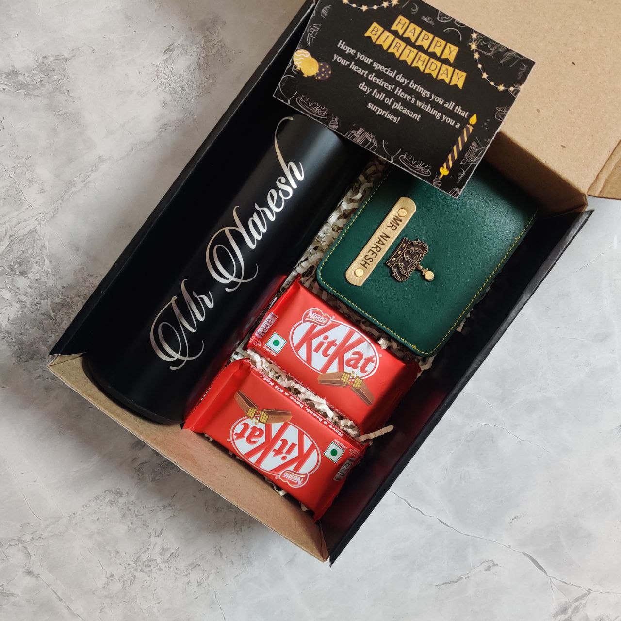 Personalized Birthday Gift Box for Him Green Edition with custom wallet, LED bottle, chocolates, and birthday card.
