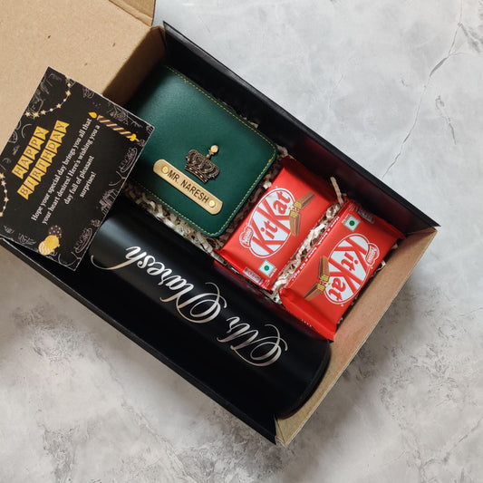 Personalized Birthday Gift Box for Him Green Edition with custom wallet, LED bottle, chocolates, and birthday card.