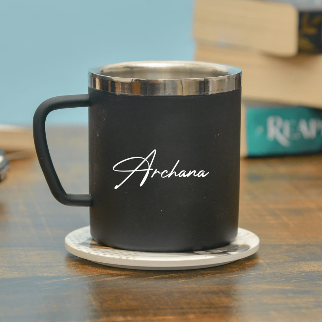 Black personalized stainless steel mug with custom name personalization
