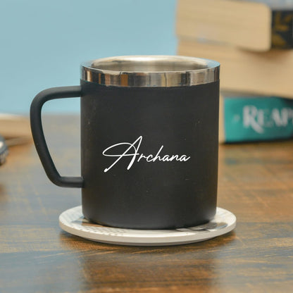 Black personalized stainless steel mug with custom name personalization