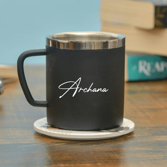 Black personalized stainless steel mug with custom name personalization