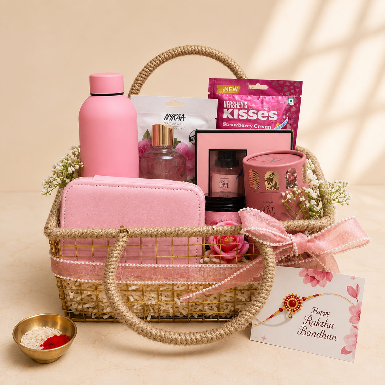 Personalized Bloom Rakhi Gift Hamper for Sister with custom bottle, jewellery organizer, perfume gift set, chocolates, candle and bracelet rakhi.