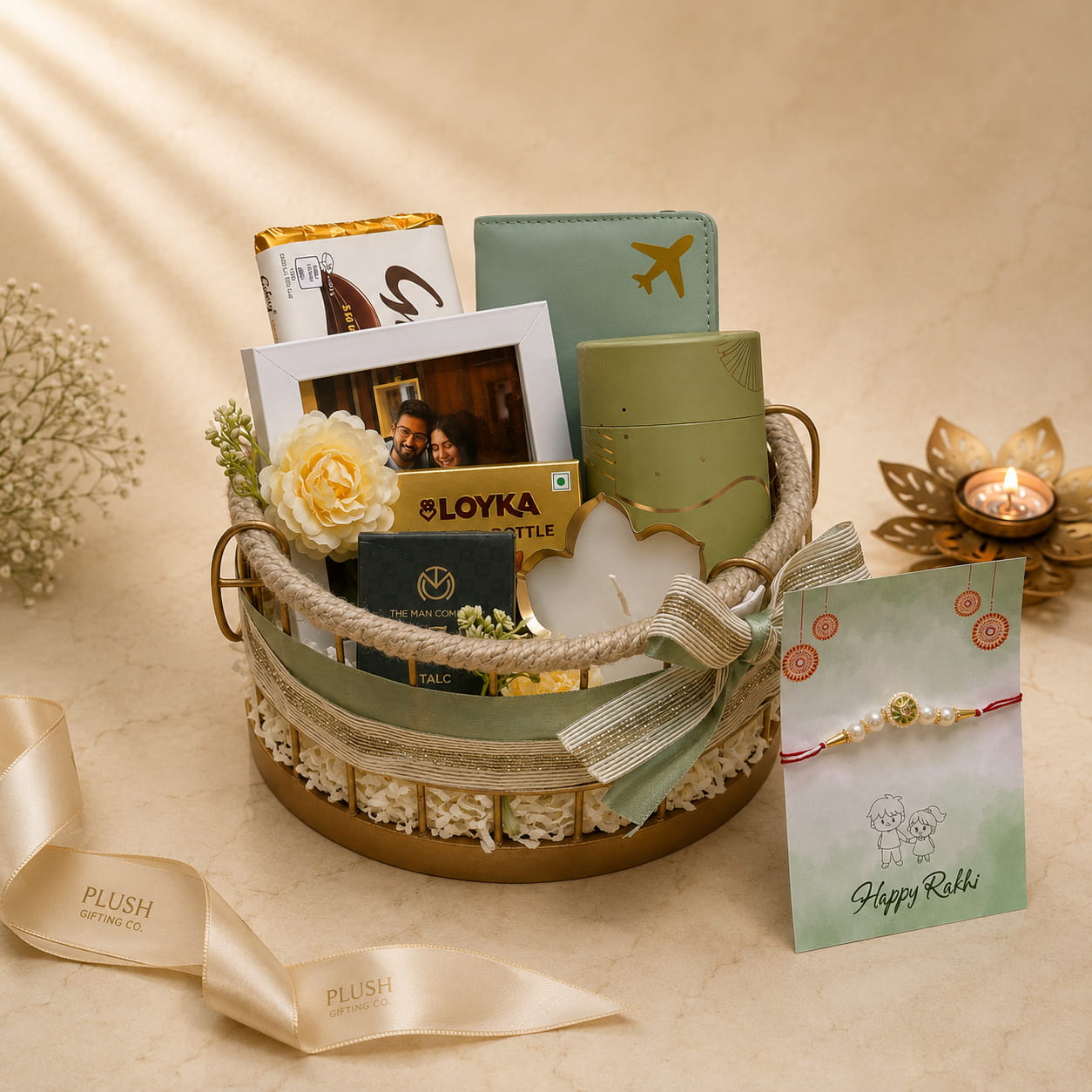 Personalized Brother Rakhi Gift Basket with Passport Cover, Photo Frame, The Man Company Perfume, Chocolates and Premium Metal Basket