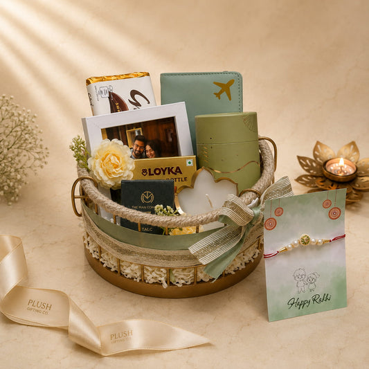 Personalized Brother Rakhi Gift Basket with Passport Cover, Photo Frame, The Man Company Perfume, Chocolates and Premium Metal Basket