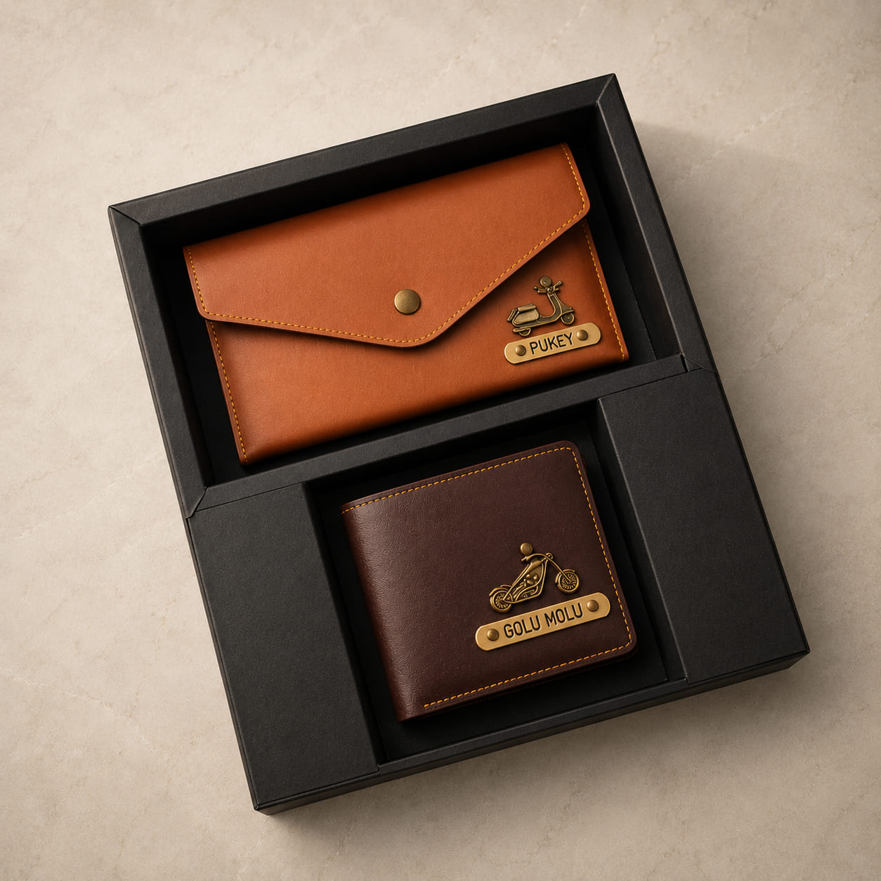 Personalized Couple Wallet Gift Combo featuring a classic men's wallet and ladies minimal clutch in a premium gift box.