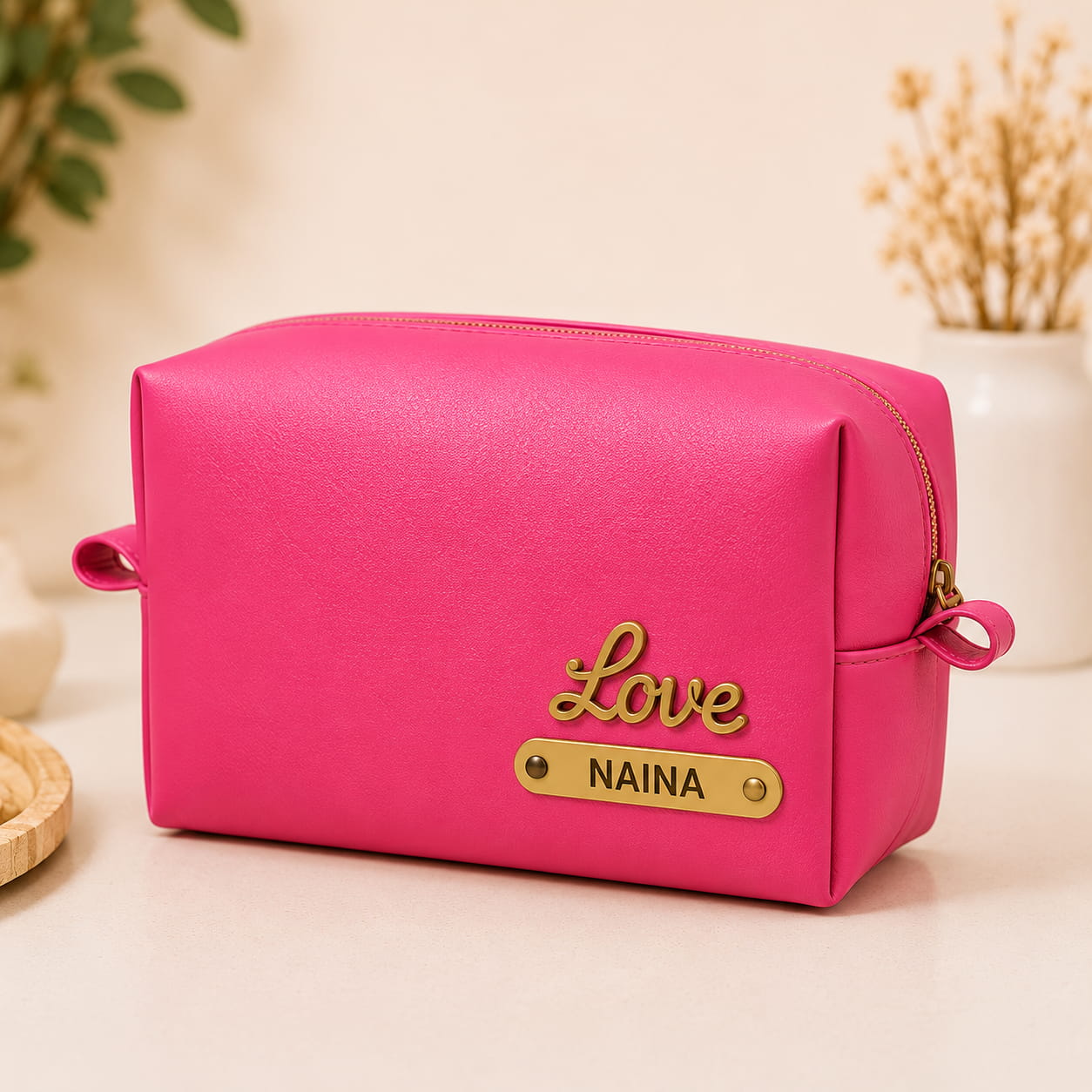 Personalized Pink Vegan Leather Cosmetic Pouch with Custom Name & Charm