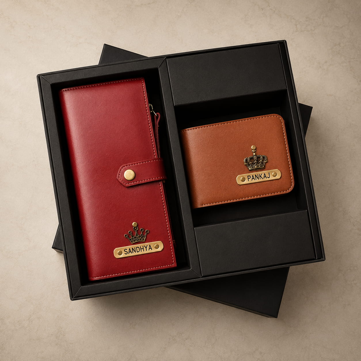Personalized Couple Wallet Gift Combo with classic men's wallet and long ladies wallet in premium gift box.