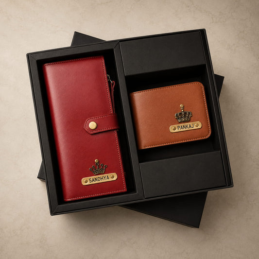 Personalized Couple Wallet Gift Combo with classic men's wallet and long ladies wallet in premium gift box.