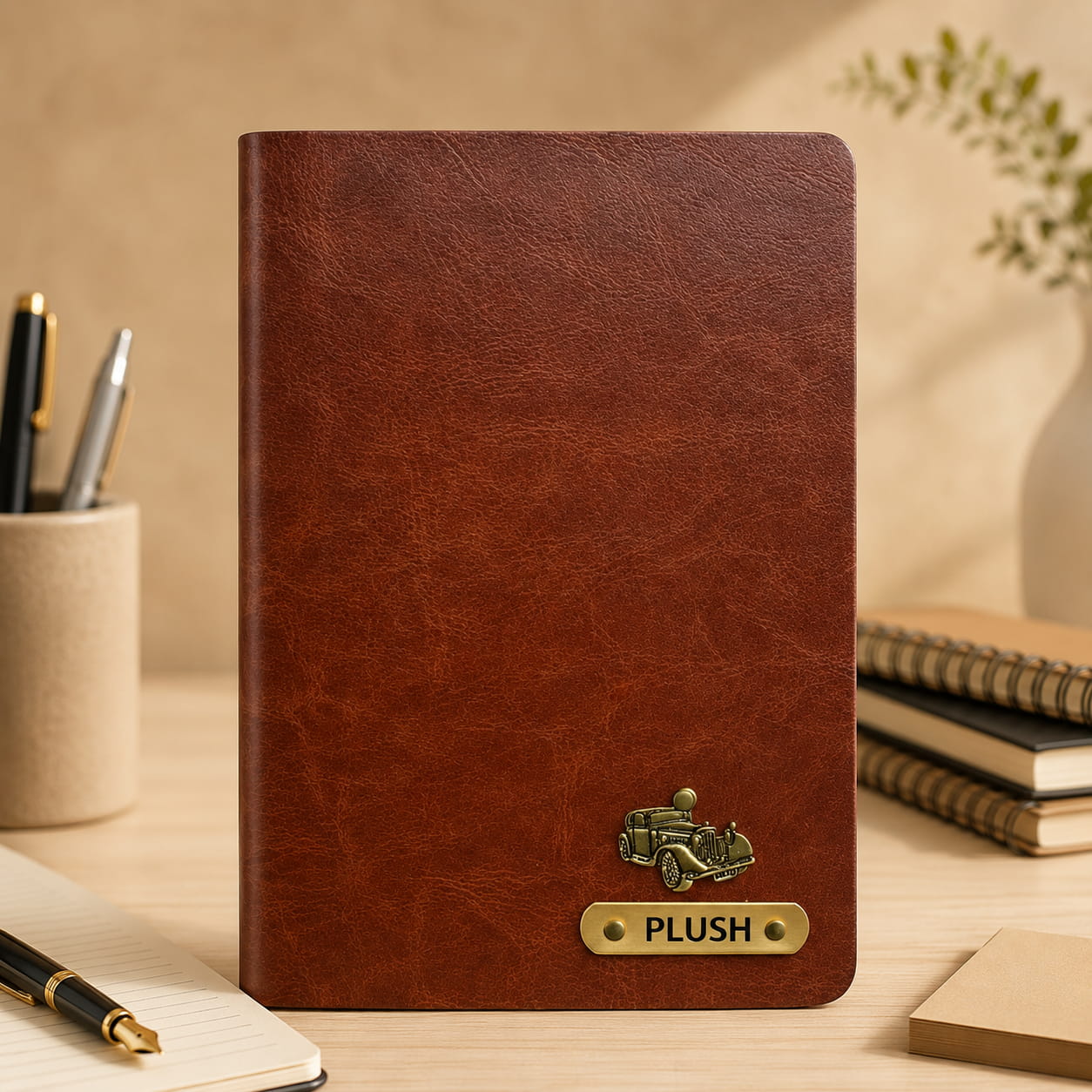 Brown personalized premium diary with custom name plate and vintage car charm