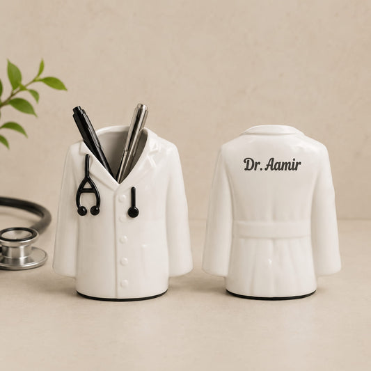 Personalized doctor coat pen stand with custom name for desk organization.