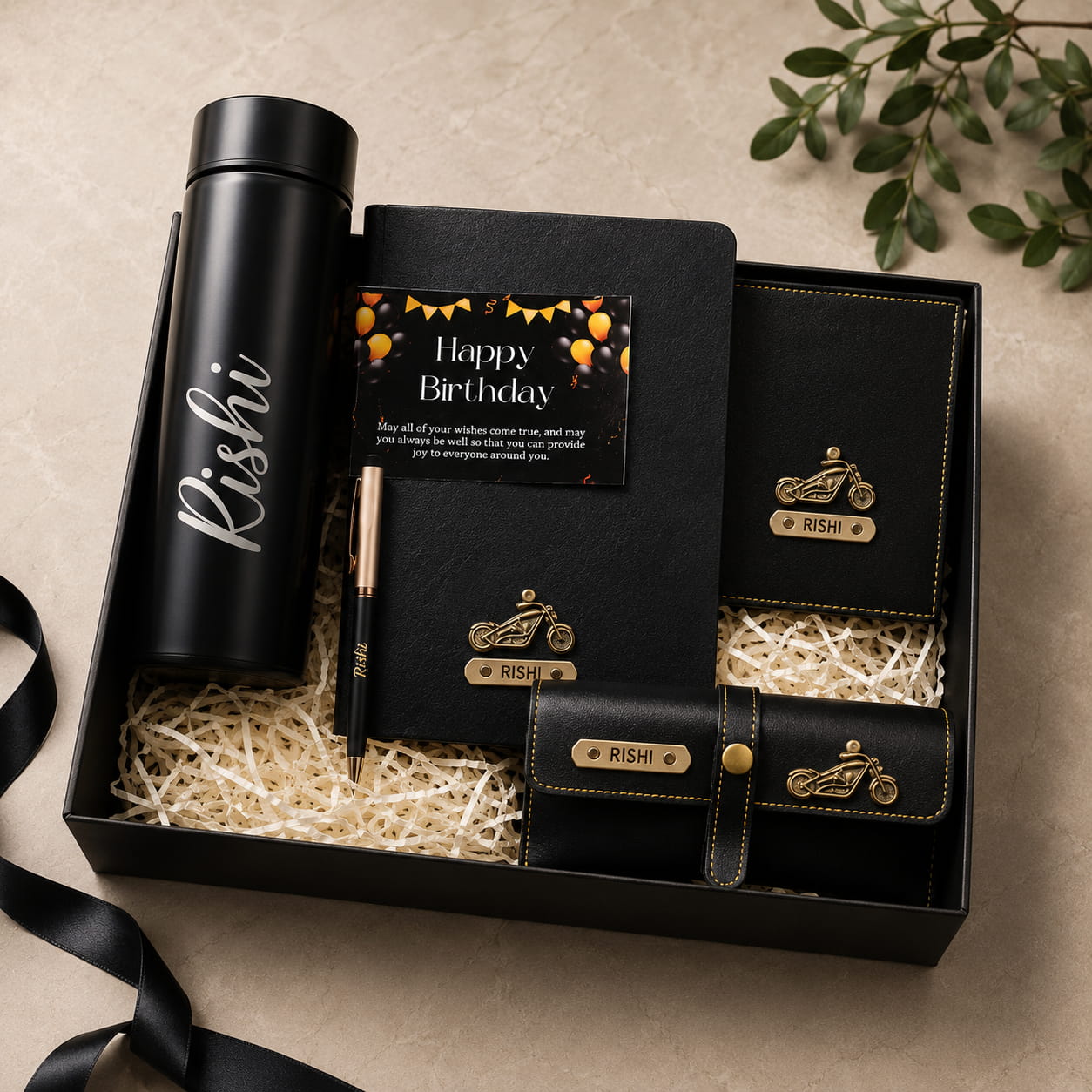 Personalized Executive Deluxe Gift Set featuring a custom diary, LED temperature bottle, passport cover, sunglass holder and premium pen.
