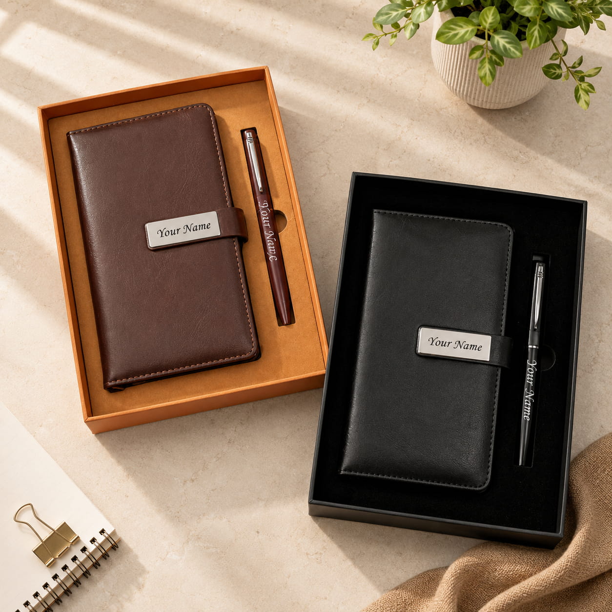 Personalized Executive Diary & Pen Gift Set with Custom Name Engraving in Premium Gift Box