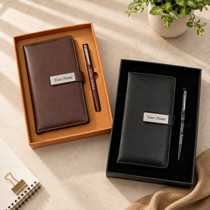 Personalized Executive Diary & Pen Gift Set with Custom Name Engraving in Premium Gift Box