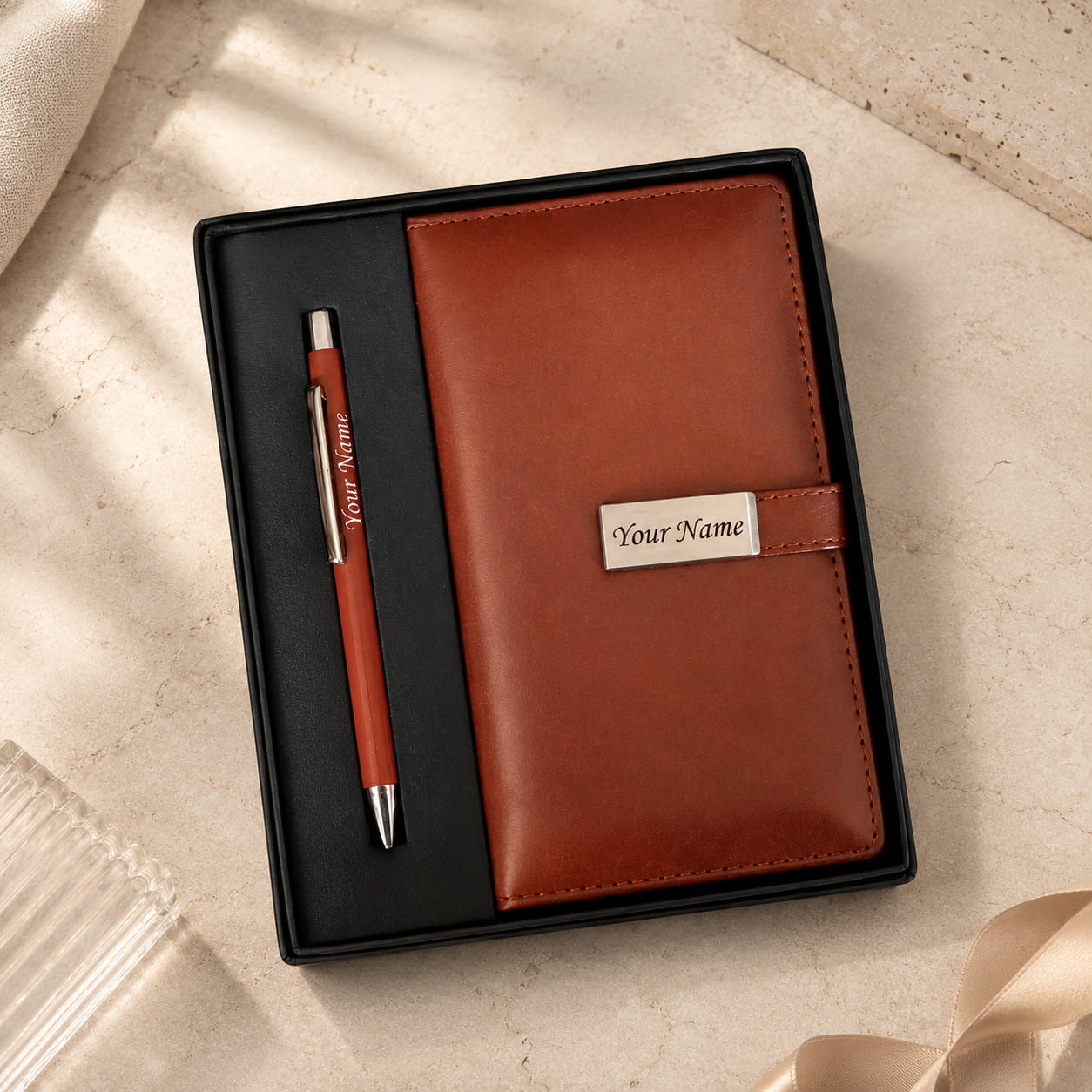 Personalized Executive Diary & Pen Gift Set with Custom Name Engraving in Premium Gift Box